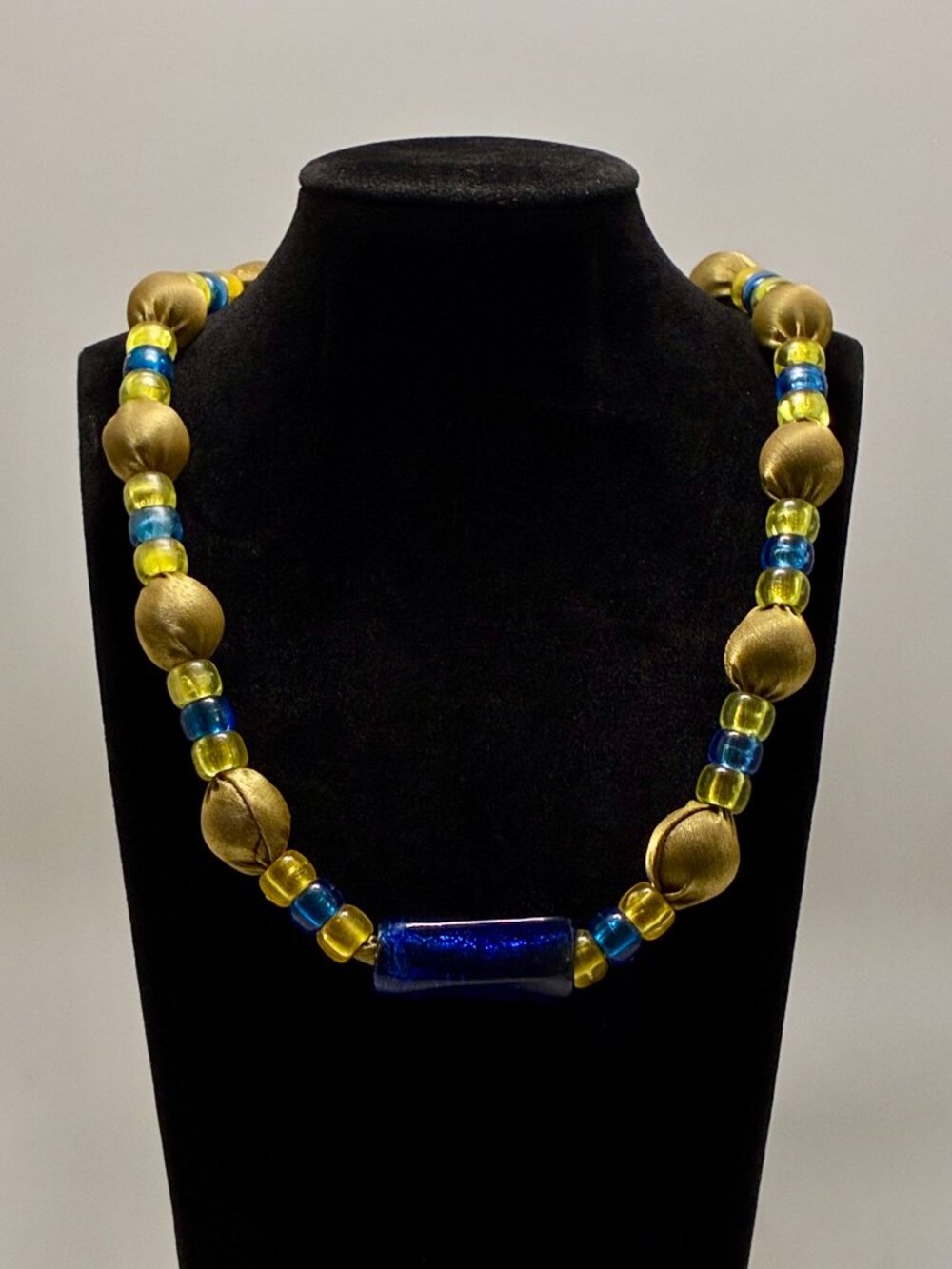 Rare Vintage Napier Runway Necklace Gold Fabric Beads Cobalt Blue Glass Accent